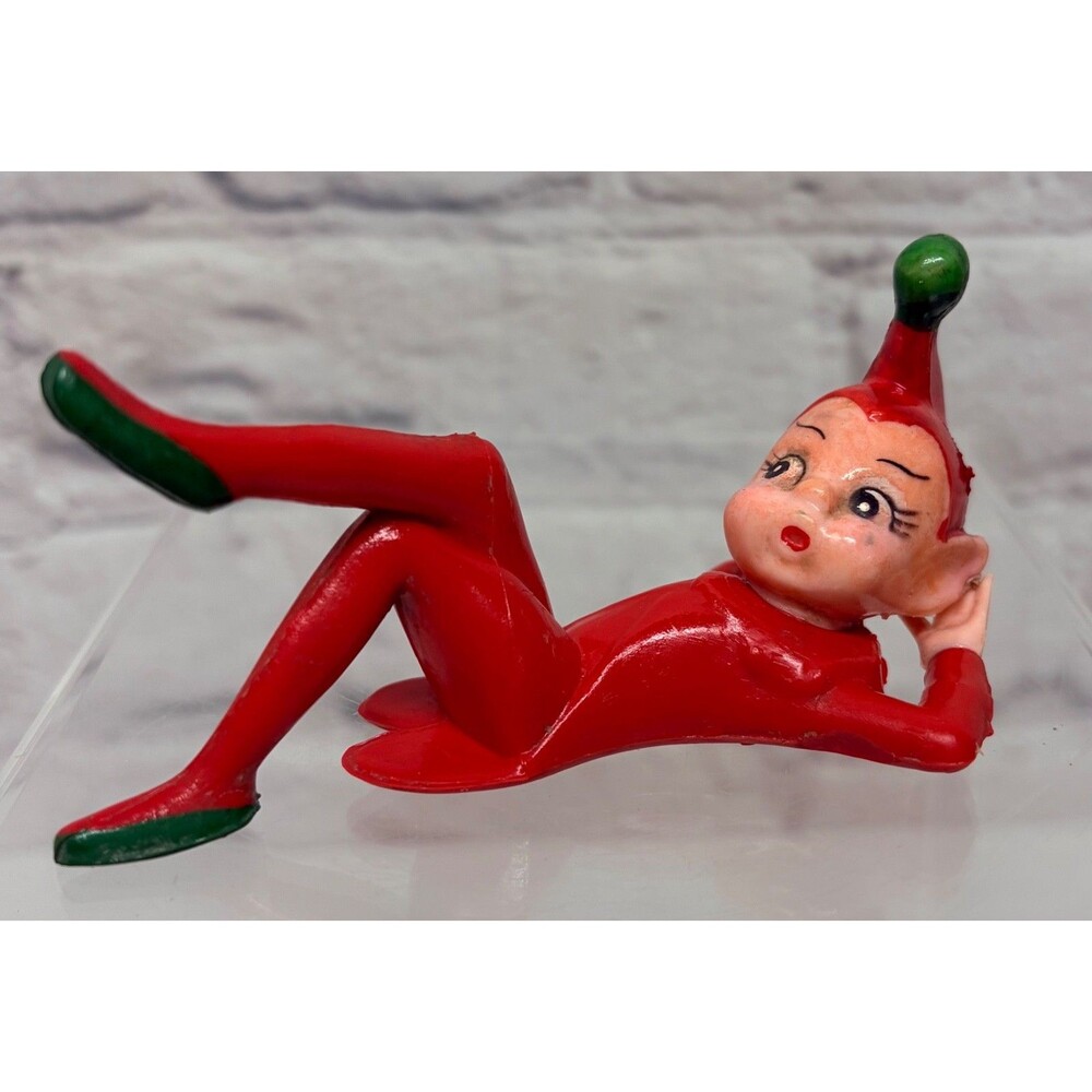 Vtg Christmas Pixie Elf Lying down Red Rubber Hong Kong Kitschy